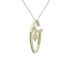 Lenta İnci Kolye - Inci, akuamarin ve swarovski 18 ayar altın kolye (40 cm beyaz altın rolo zincir) #saclsw