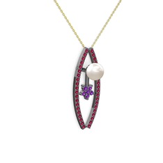 Inci, rodolit garnet ve ametist 925 ayar siyah rodyum kaplama gümüş kolye (40 cm altın rolo zincir)