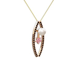 Lenta İnci Kolye - Inci, siyah zirkon ve pembe kuvars 8 ayar rose altın kolye (40 cm altın rolo zincir) #sik7ce