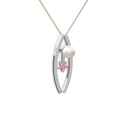 Inci, swarovski ve pembe kuvars 14 ayar beyaz altın kolye (40 cm rose altın rolo zincir)