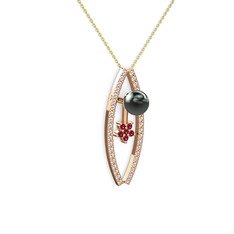 Siyah inci, swarovski ve rodolit garnet 8 ayar rose altın kolye (40 cm altın rolo zincir)
