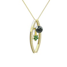 Lenta İnci Kolye - Siyah inci, pırlanta ve yeşil kuvars 8 ayar altın kolye (0.3 karat, 40 cm gümüş rolo zincir) #srkpe7