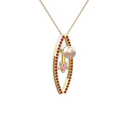 Pembe inci, rodolit garnet ve pembe kuvars 18 ayar altın kolye (40 cm rose altın rolo zincir)