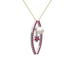 Lenta İnci Kolye - Inci ve rodolit garnet 14 ayar beyaz altın kolye (40 cm altın rolo zincir) #stxmhh