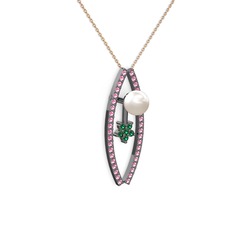 Inci, pembe kuvars ve yeşil kuvars 925 ayar siyah rodyum kaplama gümüş kolye (40 cm rose altın rolo zincir)
