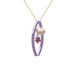 Pembe inci, ametist ve rodolit garnet 14 ayar beyaz altın kolye (40 cm altın rolo zincir)