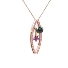 Siyah inci, pembe kuvars ve ametist 925 ayar rose altın kaplama gümüş kolye (40 cm rose altın rolo zincir)