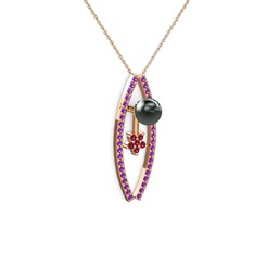 Siyah inci, ametist ve rodolit garnet 14 ayar rose altın kolye (40 cm rose altın rolo zincir)