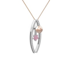 Lenta İnci Kolye - Pembe inci, swarovski ve pembe kuvars 18 ayar beyaz altın kolye (40 cm gümüş rolo zincir) #txwxzs