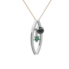 Siyah inci, swarovski ve yeşil kuvars 18 ayar beyaz altın kolye (40 cm rose altın rolo zincir)