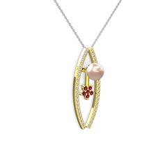 Lenta İnci Kolye - Pembe inci, swarovski ve rodolit garnet 14 ayar altın kolye (40 cm beyaz altın rolo zincir) #u097nr
