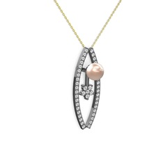 Lenta İnci Kolye - Pembe inci ve swarovski 925 ayar siyah rodyum kaplama gümüş kolye (40 cm altın rolo zincir) #v35kxu