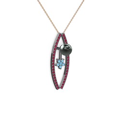 Lenta İnci Kolye - Siyah inci, rodolit garnet ve akuamarin 925 ayar siyah rodyum kaplama gümüş kolye (40 cm rose altın rolo zincir) #v4fls5