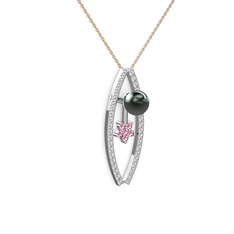 Lenta İnci Kolye - Siyah inci, swarovski ve pembe kuvars 18 ayar beyaz altın kolye (40 cm rose altın rolo zincir) #vptqqi