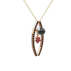Lenta İnci Kolye - Siyah inci, siyah zirkon ve rodolit garnet 14 ayar rose altın kolye (40 cm altın rolo zincir) #vu9egn