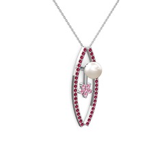 Inci, rodolit garnet ve pembe kuvars 14 ayar beyaz altın kolye (40 cm beyaz altın rolo zincir)