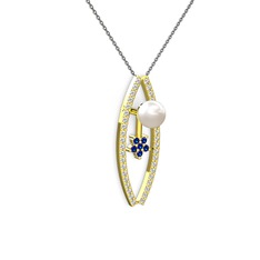 Lenta İnci Kolye - Inci, swarovski ve lab safir 8 ayar altın kolye (40 cm gümüş rolo zincir) #x61io8