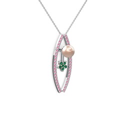 Pembe inci, pembe kuvars ve yeşil kuvars 18 ayar beyaz altın kolye (40 cm beyaz altın rolo zincir)