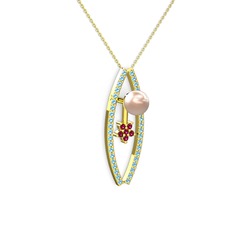 Pembe inci, akuamarin ve rodolit garnet 8 ayar altın kolye (40 cm altın rolo zincir)