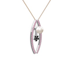 Lenta İnci Kolye - Inci, pembe kuvars ve siyah zirkon 8 ayar beyaz altın kolye (40 cm rose altın rolo zincir) #xiwos7