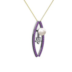 Lenta İnci Kolye - Inci, ametist ve pırlanta 925 ayar siyah rodyum kaplama gümüş kolye (0.066 karat, 40 cm altın rolo zincir) #xkhb58