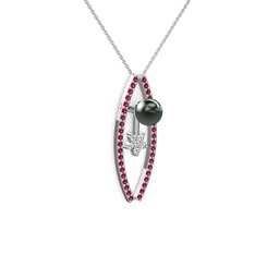 Siyah inci, rodolit garnet ve swarovski 14 ayar beyaz altın kolye (40 cm beyaz altın rolo zincir)