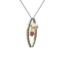 Lenta İnci Kolye - Pembe inci, lab safir ve rodolit garnet 925 ayar altın kaplama gümüş kolye (40 cm gümüş rolo zincir) #xzrii9