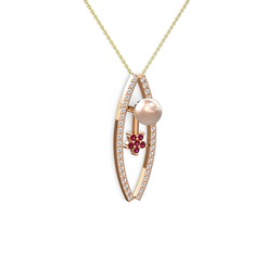 Lenta İnci Kolye - Pembe inci, pırlanta ve rodolit garnet 14 ayar rose altın kolye (0.3 karat, 40 cm altın rolo zincir) #y1qpai