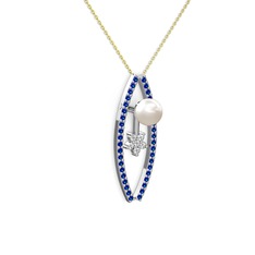 Lenta İnci Kolye - Inci, lab safir ve swarovski 14 ayar beyaz altın kolye (40 cm altın rolo zincir) #y3meni