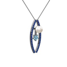 Lenta İnci Kolye - Inci, lab safir ve akuamarin 925 ayar siyah rodyum kaplama gümüş kolye (40 cm gümüş rolo zincir) #y5ps3k