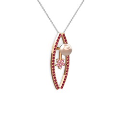 Pembe inci, rodolit garnet ve pembe kuvars 8 ayar rose altın kolye (40 cm beyaz altın rolo zincir)
