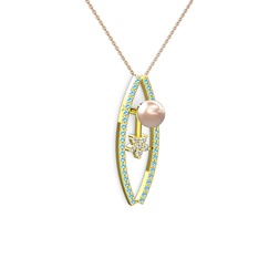 Pembe inci, akuamarin ve swarovski 925 ayar altın kaplama gümüş kolye (40 cm rose altın rolo zincir)