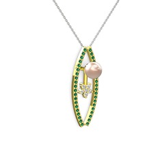 Lenta İnci Kolye - Pembe inci, yeşil kuvars ve pırlanta 14 ayar altın kolye (0.066 karat, 40 cm beyaz altın rolo zincir) #yhho28