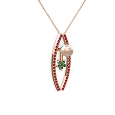 Lenta İnci Kolye - Pembe inci, rodolit garnet ve yeşil kuvars 18 ayar rose altın kolye (40 cm rose altın rolo zincir) #yi41sg
