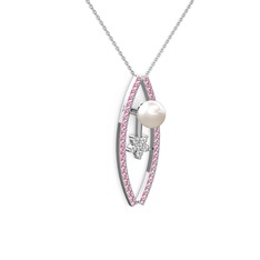 Lenta İnci Kolye - Inci, pembe kuvars ve swarovski 18 ayar beyaz altın kolye (40 cm beyaz altın rolo zincir) #z0f5mt