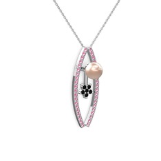 Pembe inci, pembe kuvars ve siyah zirkon 18 ayar beyaz altın kolye (40 cm beyaz altın rolo zincir)