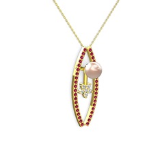 Pembe inci, rodolit garnet ve pırlanta 8 ayar altın kolye (0.066 karat, 40 cm altın rolo zincir)