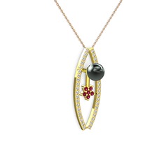 Lenta İnci Kolye - Siyah inci, pırlanta ve rodolit garnet 925 ayar altın kaplama gümüş kolye (0.3 karat, 40 cm rose altın rolo zincir) #zcwj7f