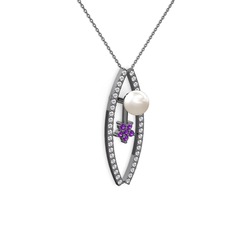 Lenta İnci Kolye - Inci, swarovski ve ametist 925 ayar siyah rodyum kaplama gümüş kolye (40 cm gümüş rolo zincir) #zf821m