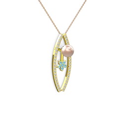 Lenta İnci Kolye - Pembe inci, pırlanta ve akuamarin 14 ayar altın kolye (0.3 karat, 40 cm rose altın rolo zincir) #zg6fsr