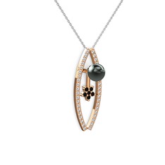 Siyah inci, swarovski ve siyah zirkon 8 ayar rose altın kolye (40 cm beyaz altın rolo zincir)