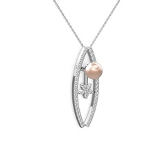 Lenta İnci Kolye - Pembe inci, swarovski ve pırlanta 14 ayar beyaz altın kolye (0.066 karat, 40 cm beyaz altın rolo zincir) #zm0jsp