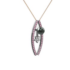 Lenta İnci Kolye - Siyah inci, pembe kuvars ve swarovski 925 ayar siyah rodyum kaplama gümüş kolye (40 cm rose altın rolo zincir) #zmbenj
