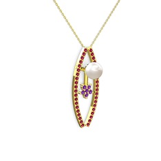 Lenta İnci Kolye - Inci, rodolit garnet ve ametist 18 ayar altın kolye (40 cm altın rolo zincir) #zpghdu