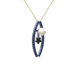 Lenta İnci Kolye - Inci, lab safir ve siyah zirkon 925 ayar siyah rodyum kaplama gümüş kolye (40 cm altın rolo zincir) #ztcoix