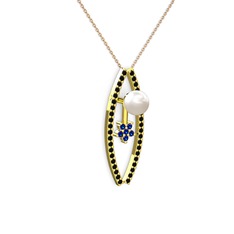 Lenta İnci Kolye - Inci, siyah zirkon ve lab safir 8 ayar altın kolye (40 cm rose altın rolo zincir) #zv2rvq