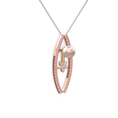 Lenta İnci Kolye - Pembe inci, pembe kuvars ve pırlanta 18 ayar rose altın kolye (0.066 karat, 40 cm beyaz altın rolo zincir) #zw0mbw