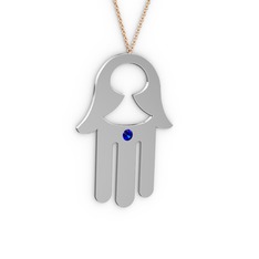Fatma'nın (Hamsa) Eli Kolye - Lab safir 8 ayar beyaz altın kolye (40 cm rose altın rolo zincir) #101vo2p