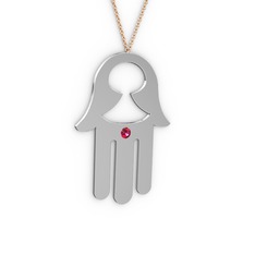 Fatma'nın (Hamsa) Eli Kolye - Rodolit garnet 18 ayar beyaz altın kolye (40 cm rose altın rolo zincir) #12bi4f2