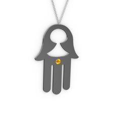 Fatma'nın (Hamsa) Eli Kolye - Sitrin 925 ayar siyah rodyum kaplama gümüş kolye (40 cm beyaz altın rolo zincir) #12rxxeo